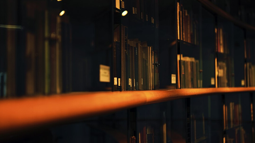 Rows of books on a shelf in warm light