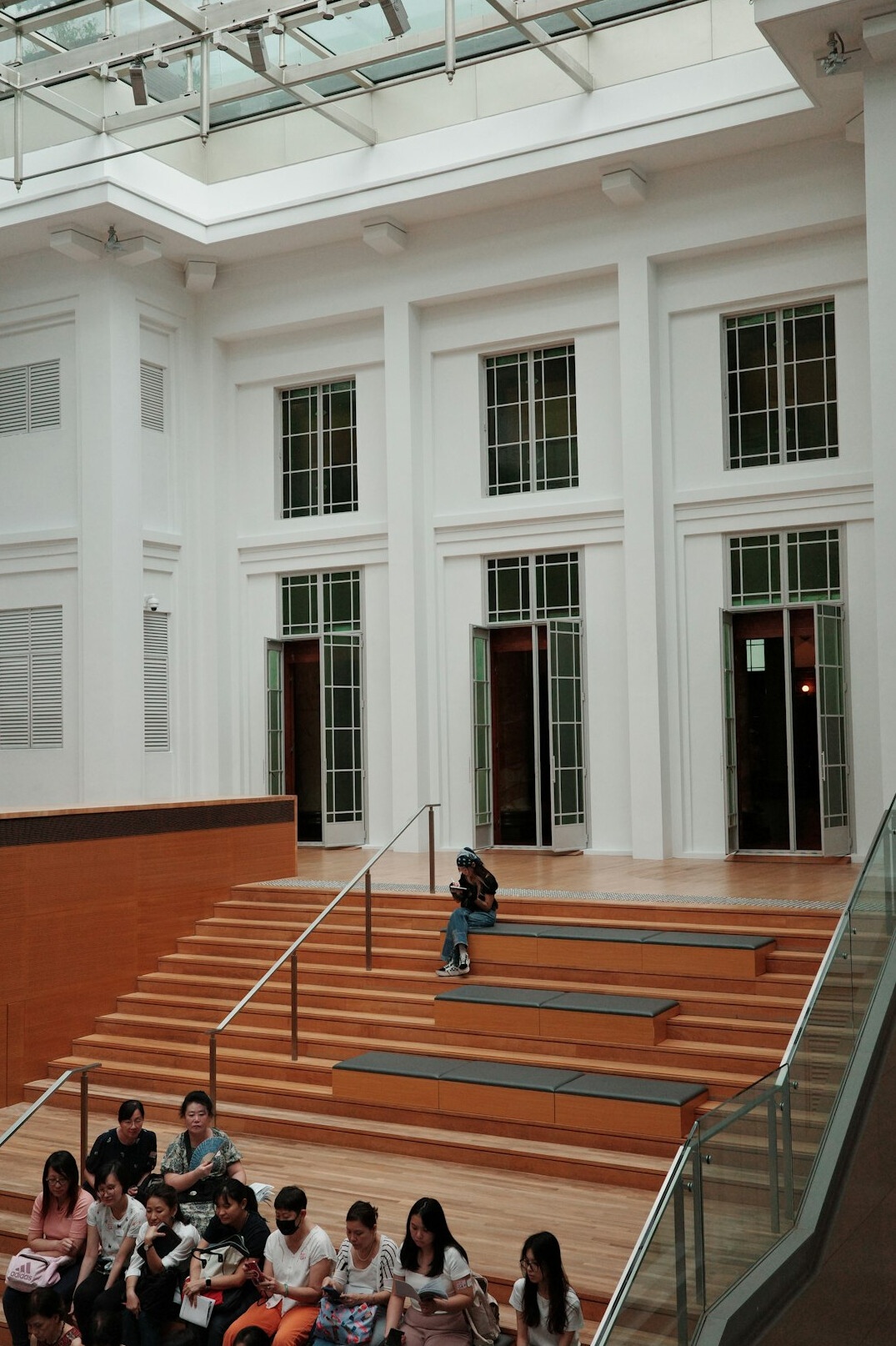 Grand library hall with arched shelves